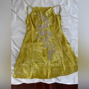 Urban Outfitters Yellow Slip Dress with Sequined Dragon Detail, Drop Back